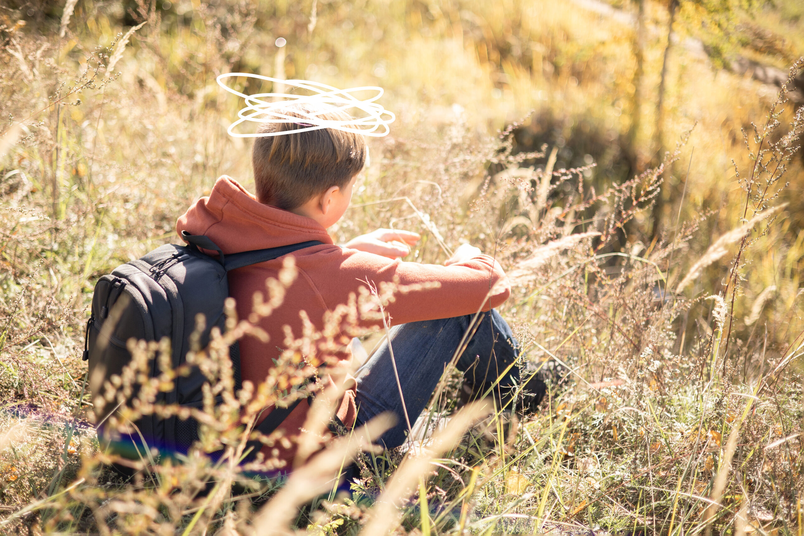 Autumn portrait of teenager boy sitting on grass. Young man with backpack resting relaxing, contemplating, thinking, daydreaming. Teen deep in thought Local travel. Active lifestyle People from behind
